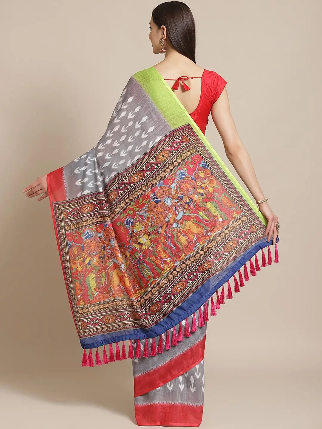 Buy Soft Linen Ikkat Kalamkari Digital Print Saree