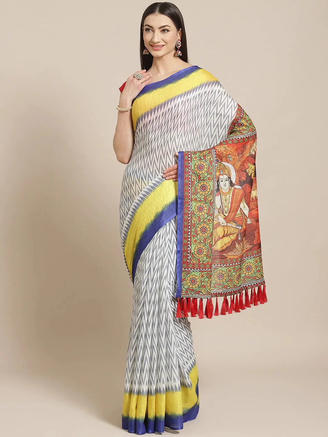 Buy Soft Linen Ikkat Kalamkari Digital Print Saree