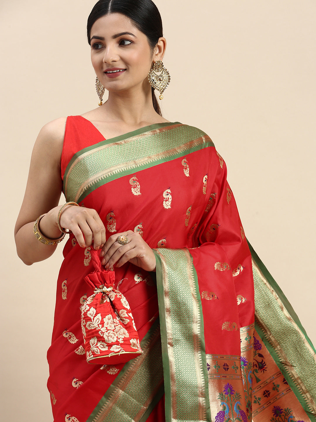 Traditional Red Colour Yevla Paithani Minakari Work Silk Saree