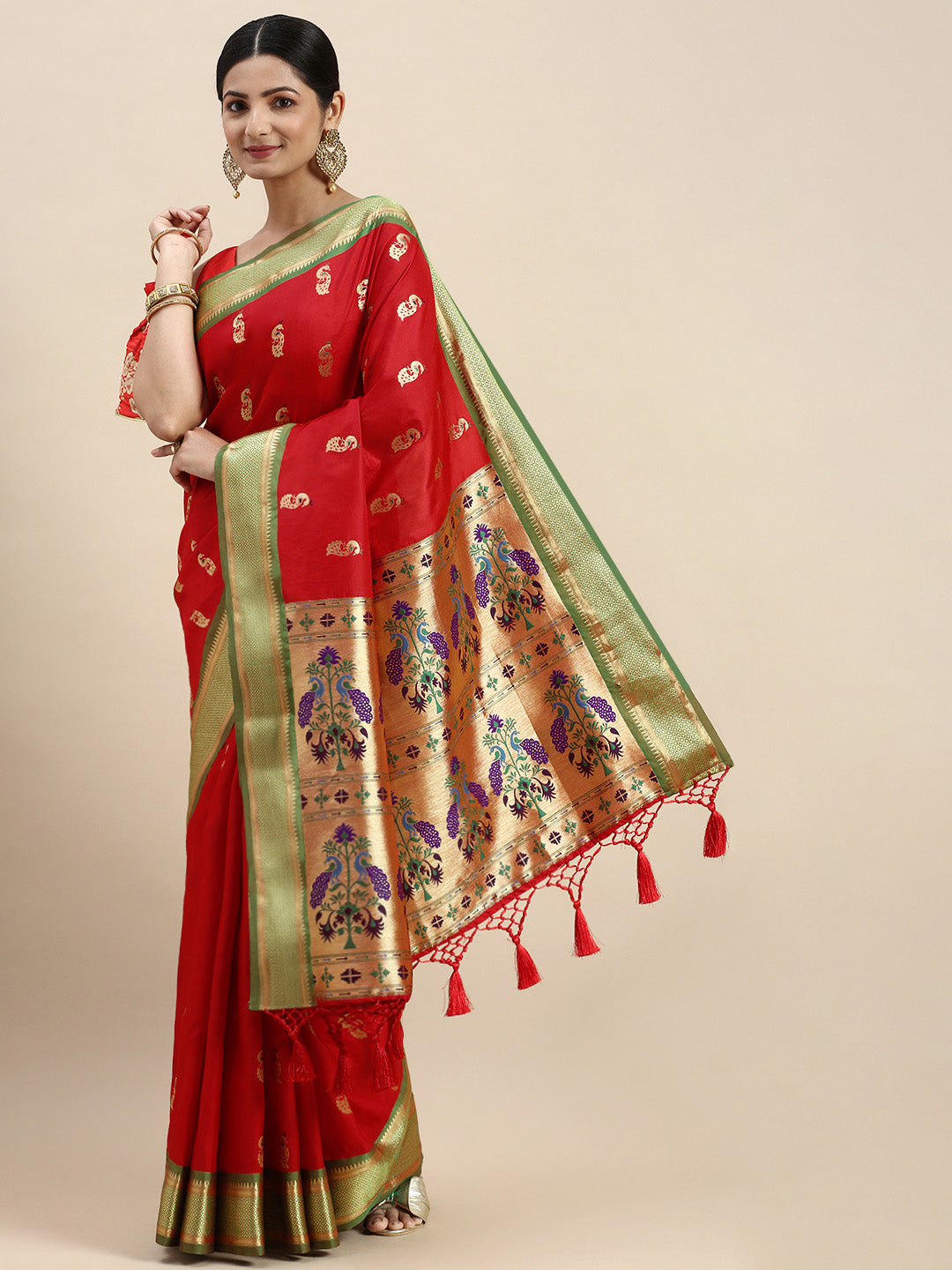 Traditional Red Colour Yevla Paithani Minakari Work Silk Saree