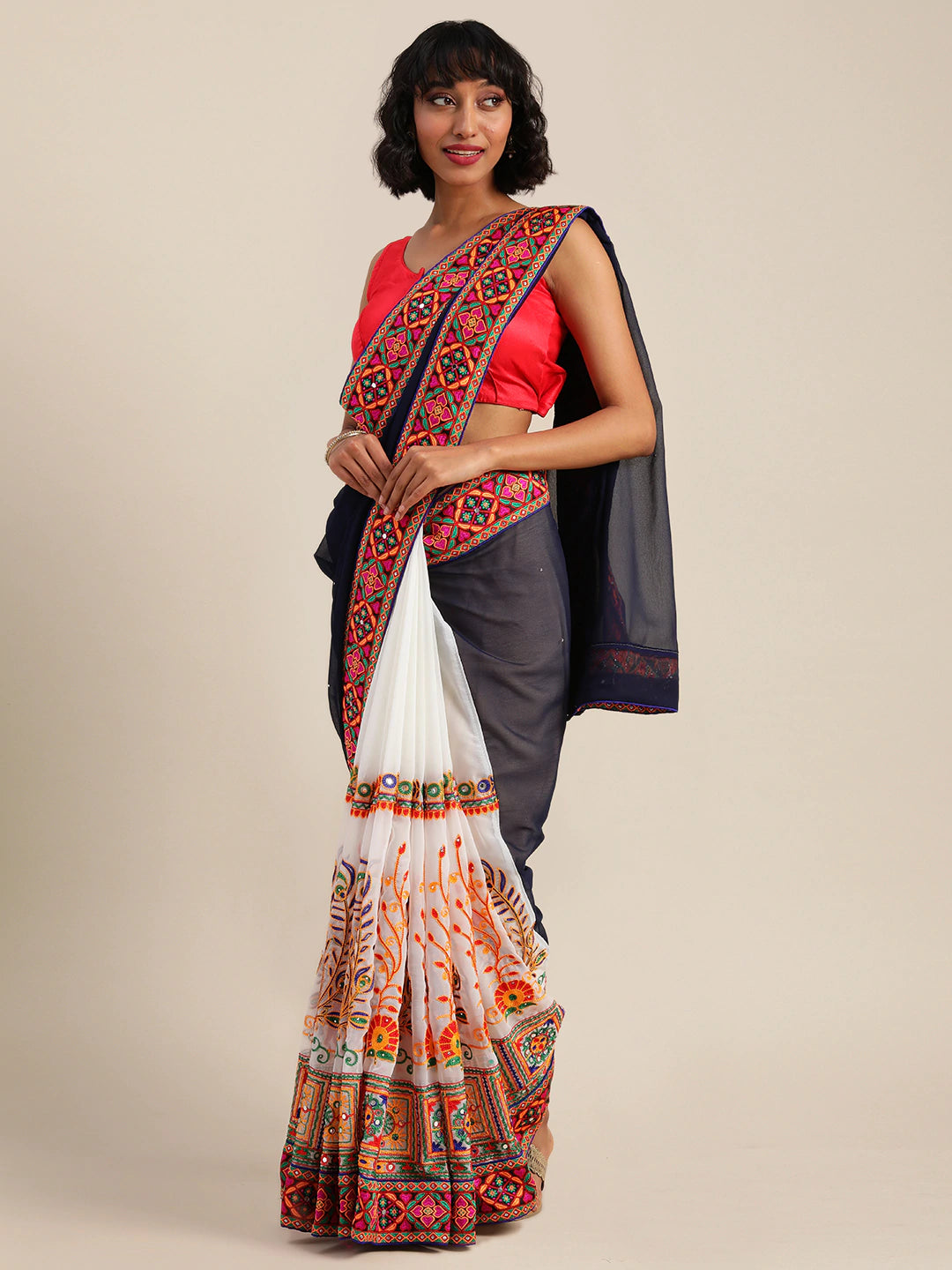 Stylish Royal Navy Colour Festive Wear Poly Georgette Saree