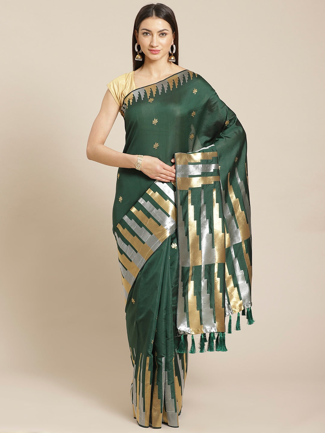  Stylish Dark Green Colour Banarasi Saree with Ethnic Motifs