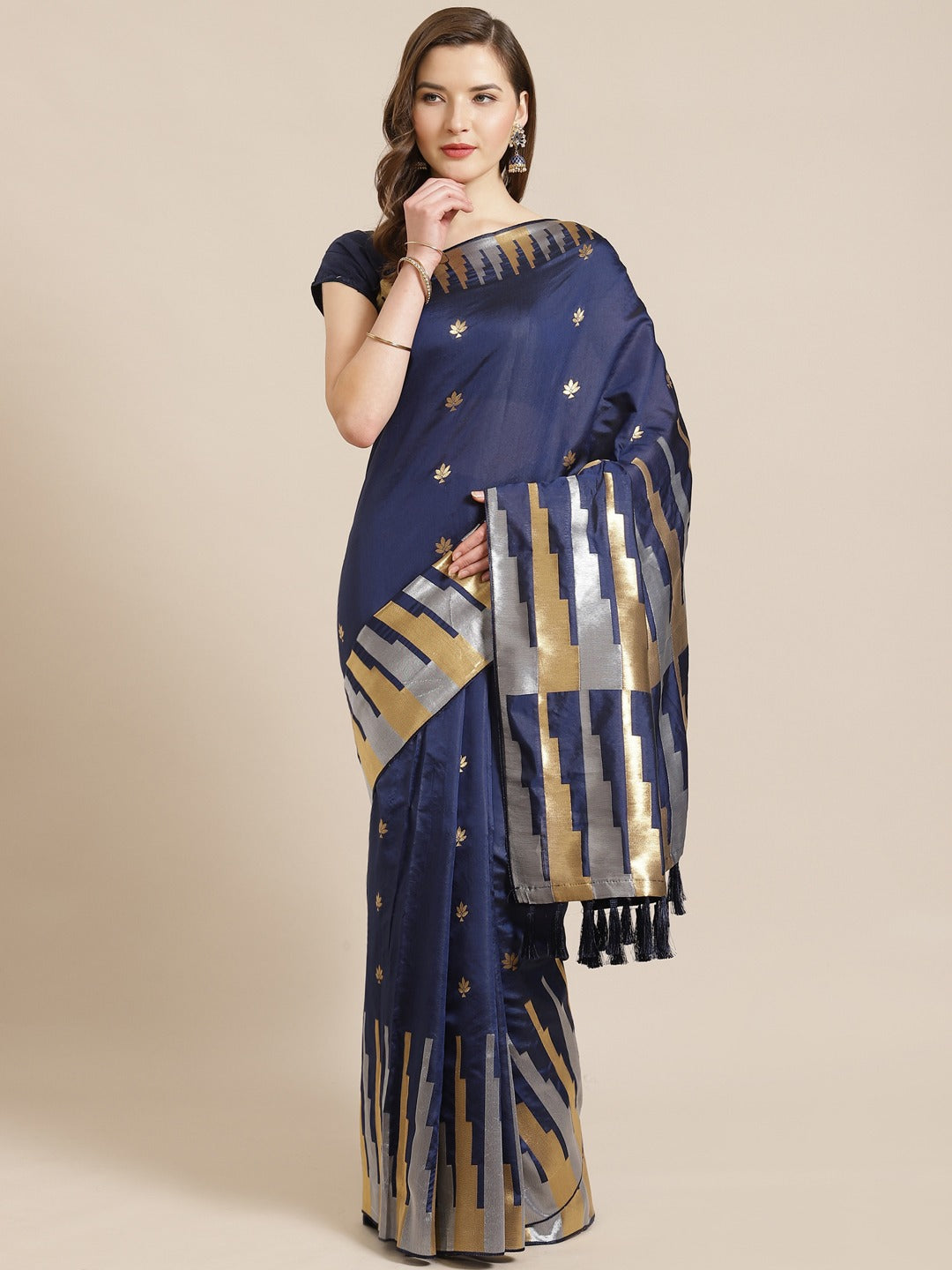 Stylish Navy Colour Ethnic Motifs Banarasi Saree