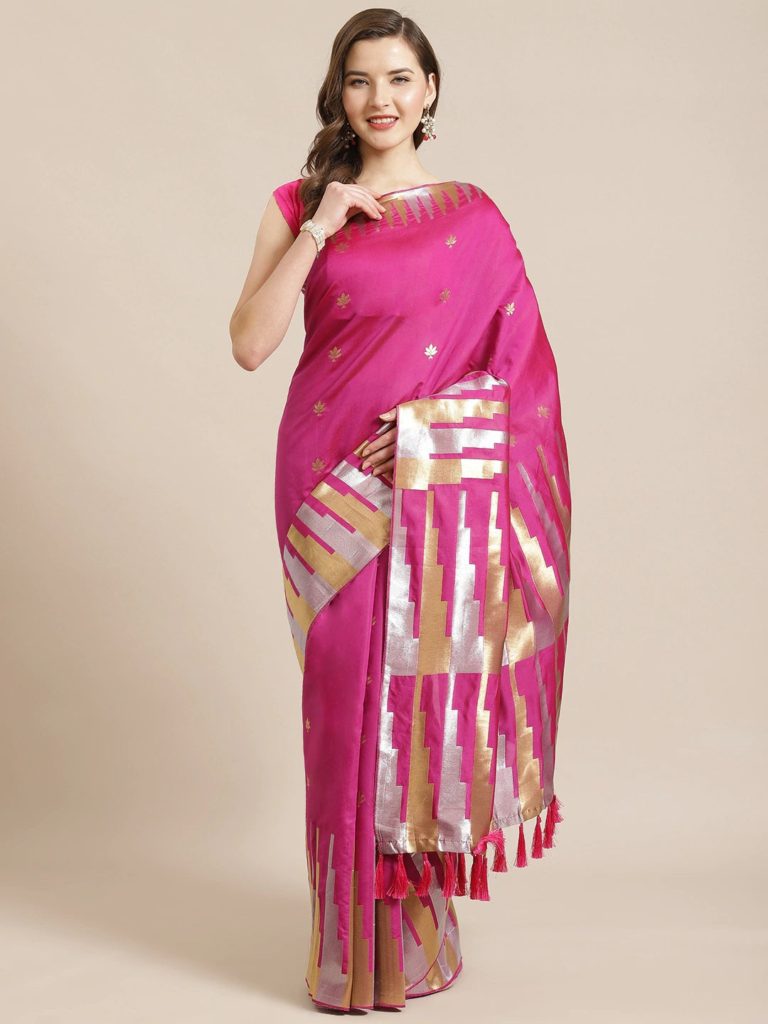 Stylish Rani Colour Ethnic Motifs Zari Silk Banarasi Saree 