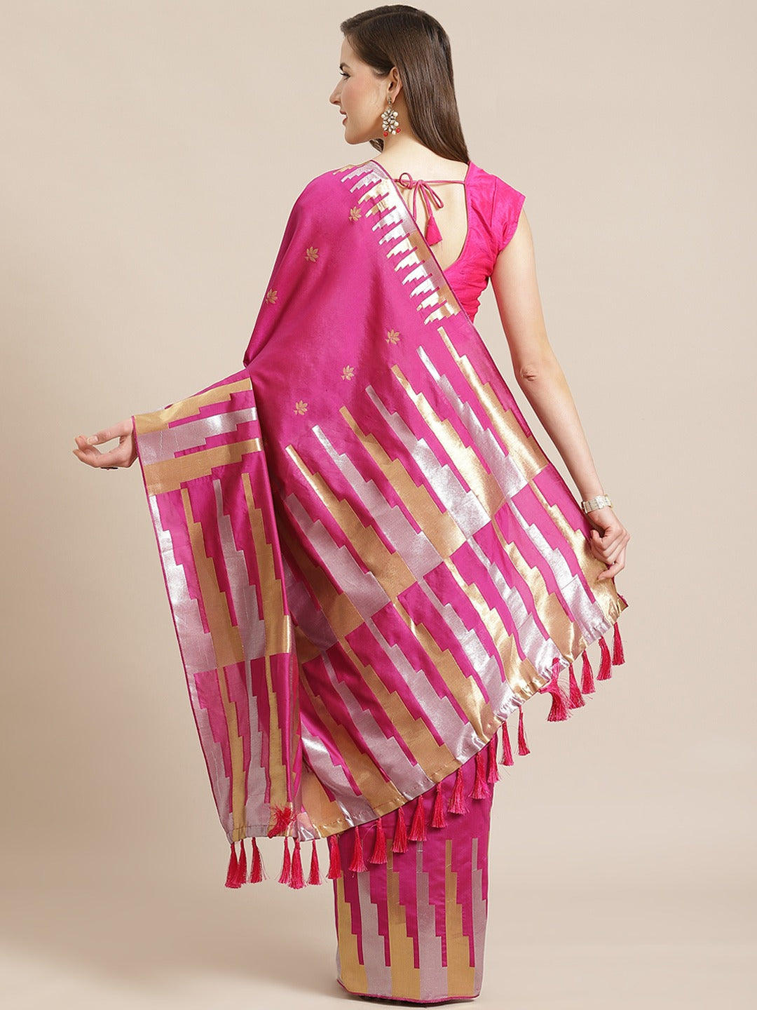 Stylish Rani Colour Ethnic Motifs Zari Silk Banarasi Saree 