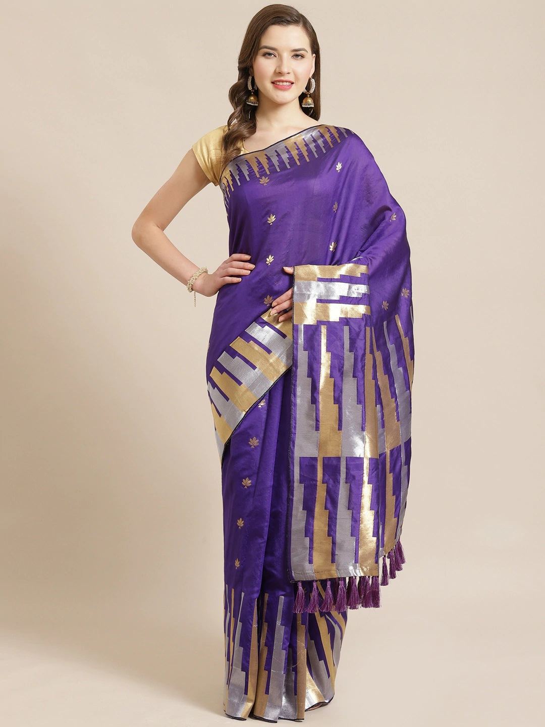 Stylish Purple Colour Banarasi Saree with Ethnic Motifs 