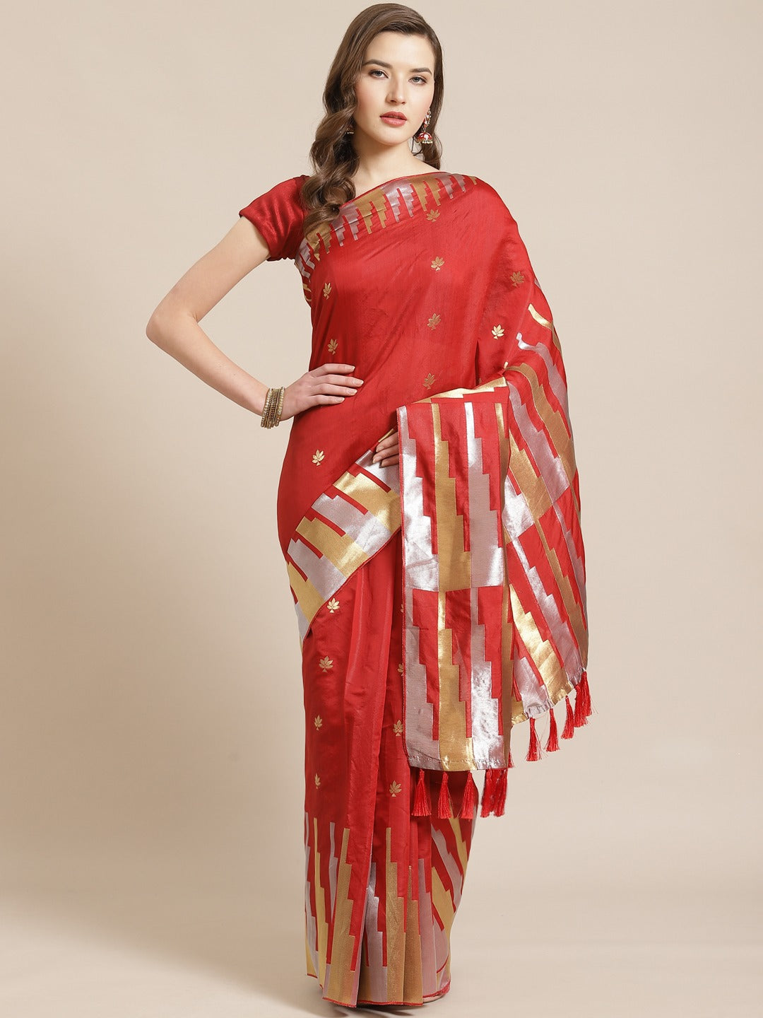 Stylish Red Colour Ethnic Motifs Zari Banarasi Silk Saree