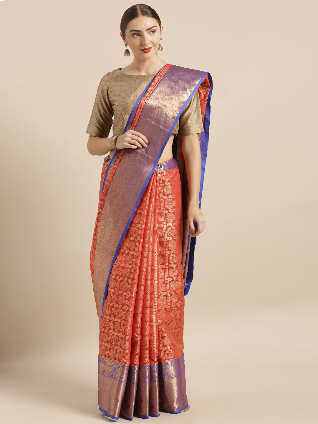 Stylish Kanjivaram Geometric Print Red Colour Silk Saree 