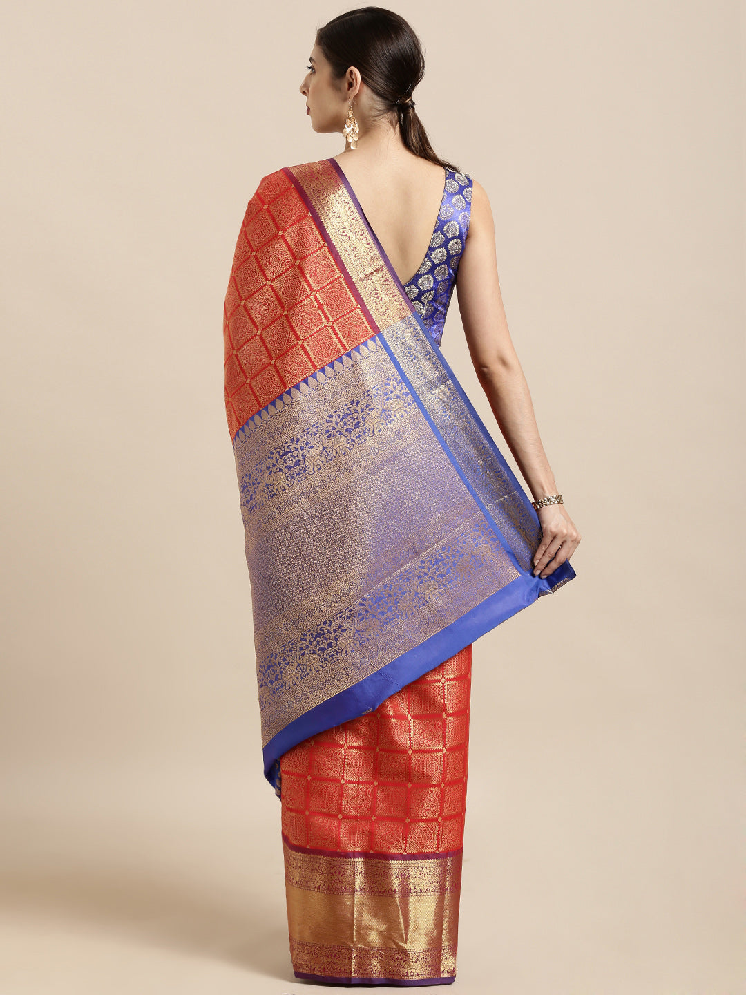 Back view of red Kanjivaram silk saree with checked print