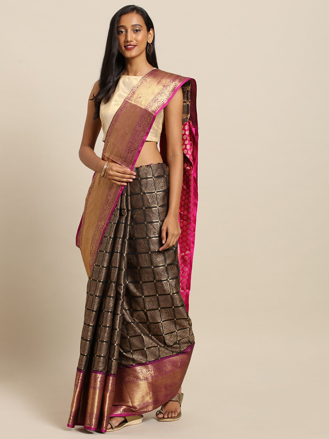 Kanjivaram Black Colour Silk Saree with Checked Print 