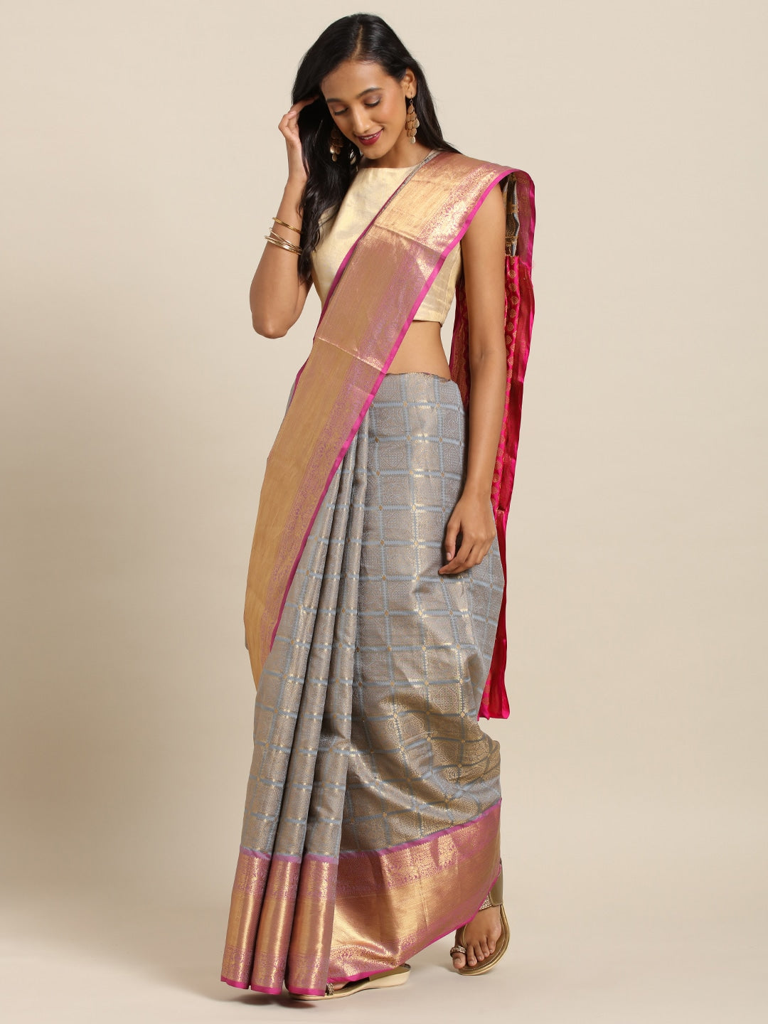 Exclusive Grey Colour Checked Print Kanjivaram Silk Saree