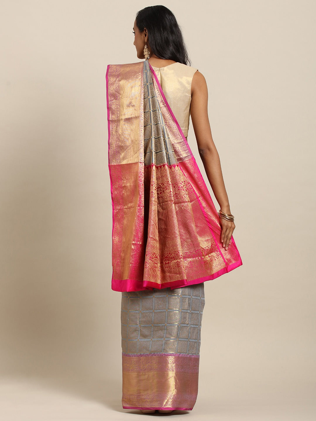 Exclusive Grey Colour Checked Print Kanjivaram Silk Saree