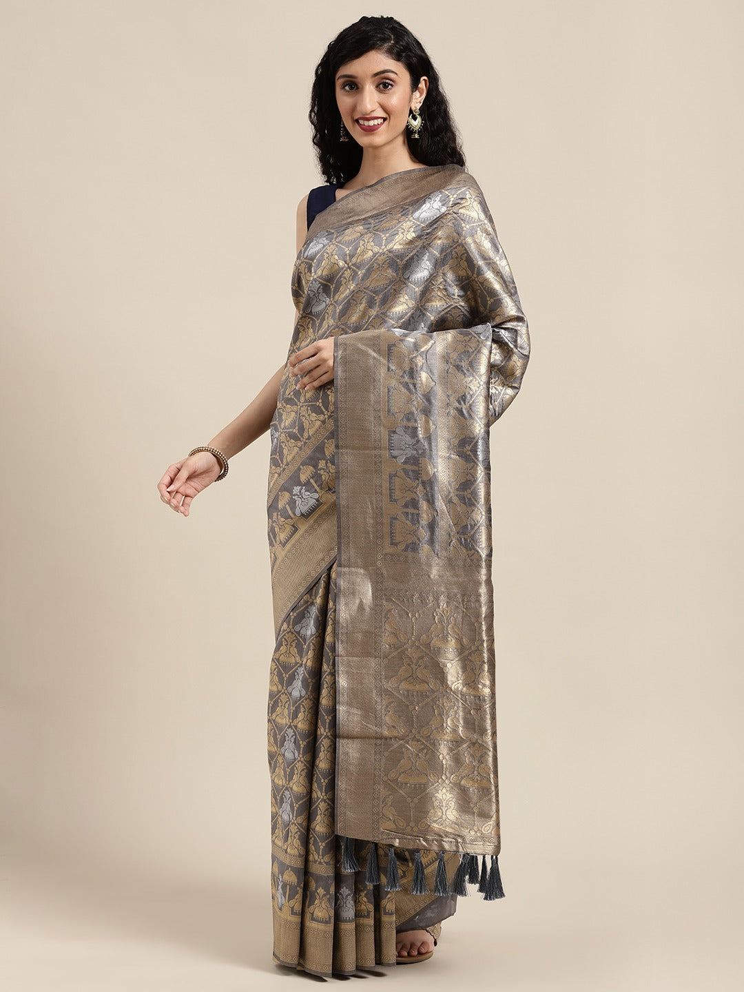  Beautiful Banarasi Grey Colour Woven Design Saree