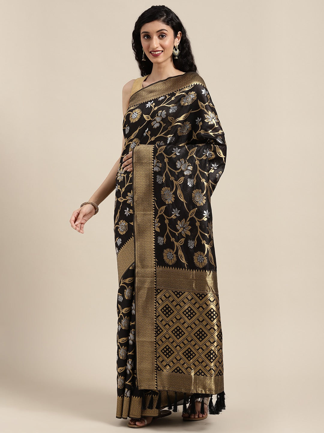  Banarasi Black Colour Saree With Zari Border