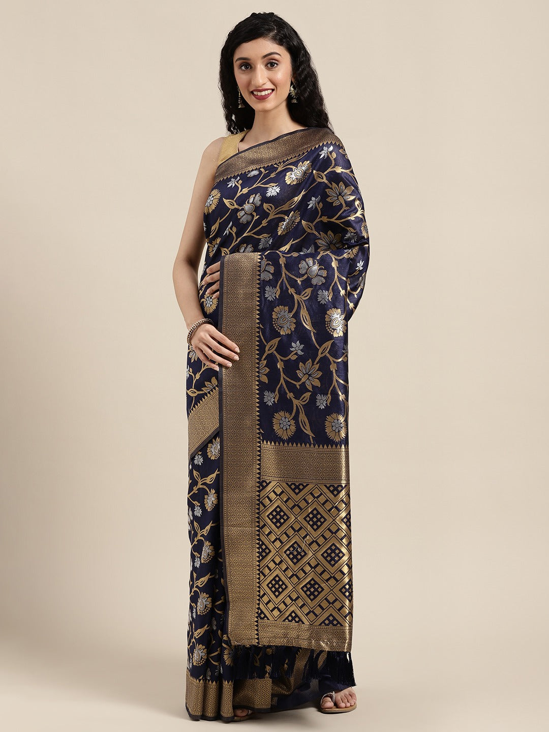  Banarasi Navy Colour Woven Design Saree With Zari Border