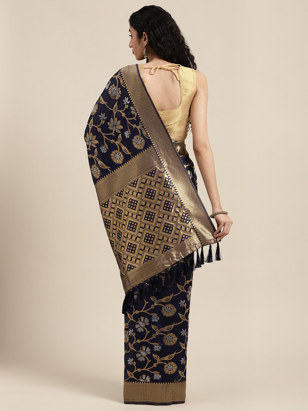  Banarasi Navy Colour Woven Design Saree With Zari Border