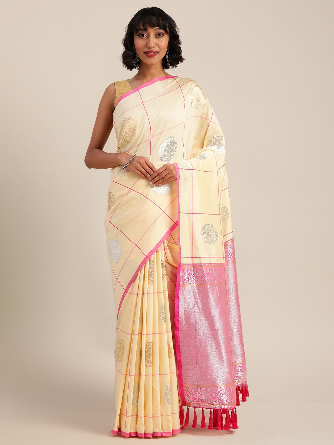 Digital Cream Colour Silk Blend Checked Banarasi Saree 