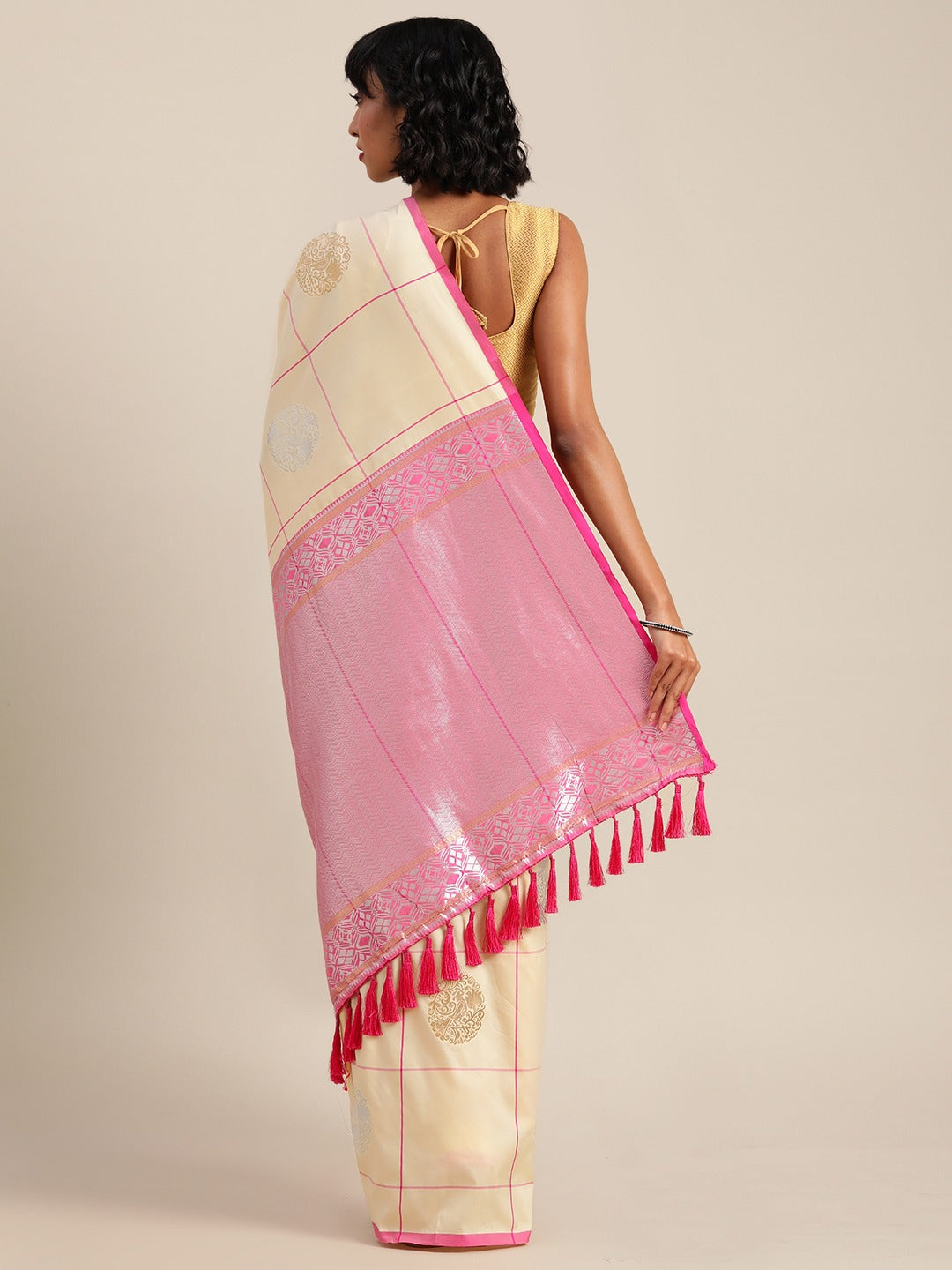 Digital Cream Colour Silk Blend Checked Banarasi Saree 