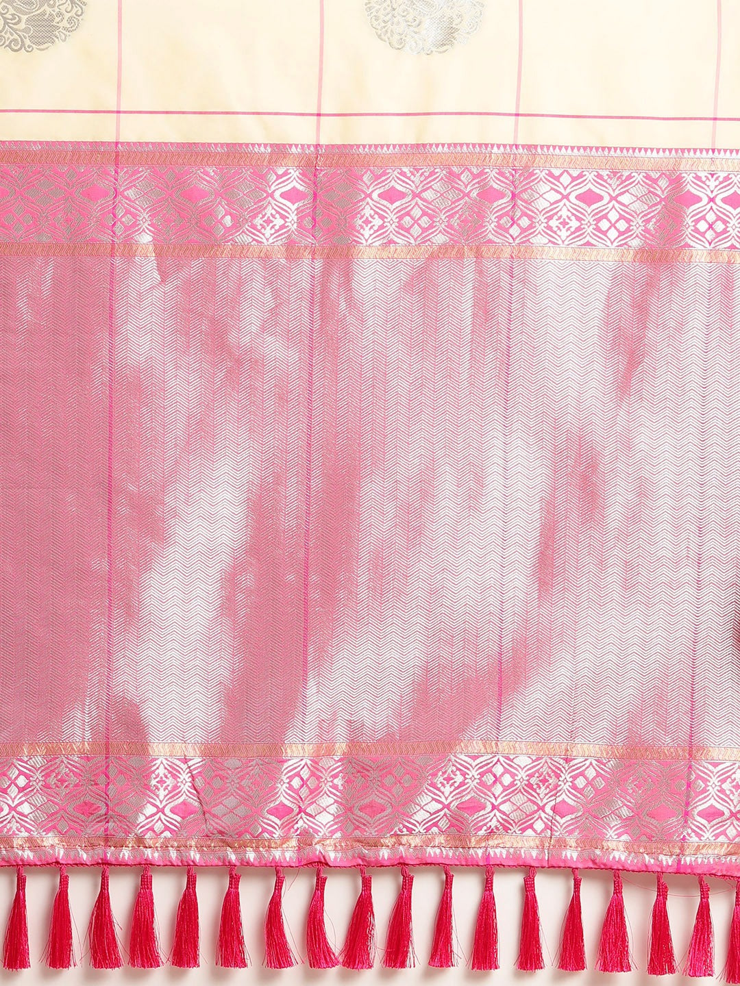 Digital Cream Colour Silk Blend Checked Banarasi Saree 