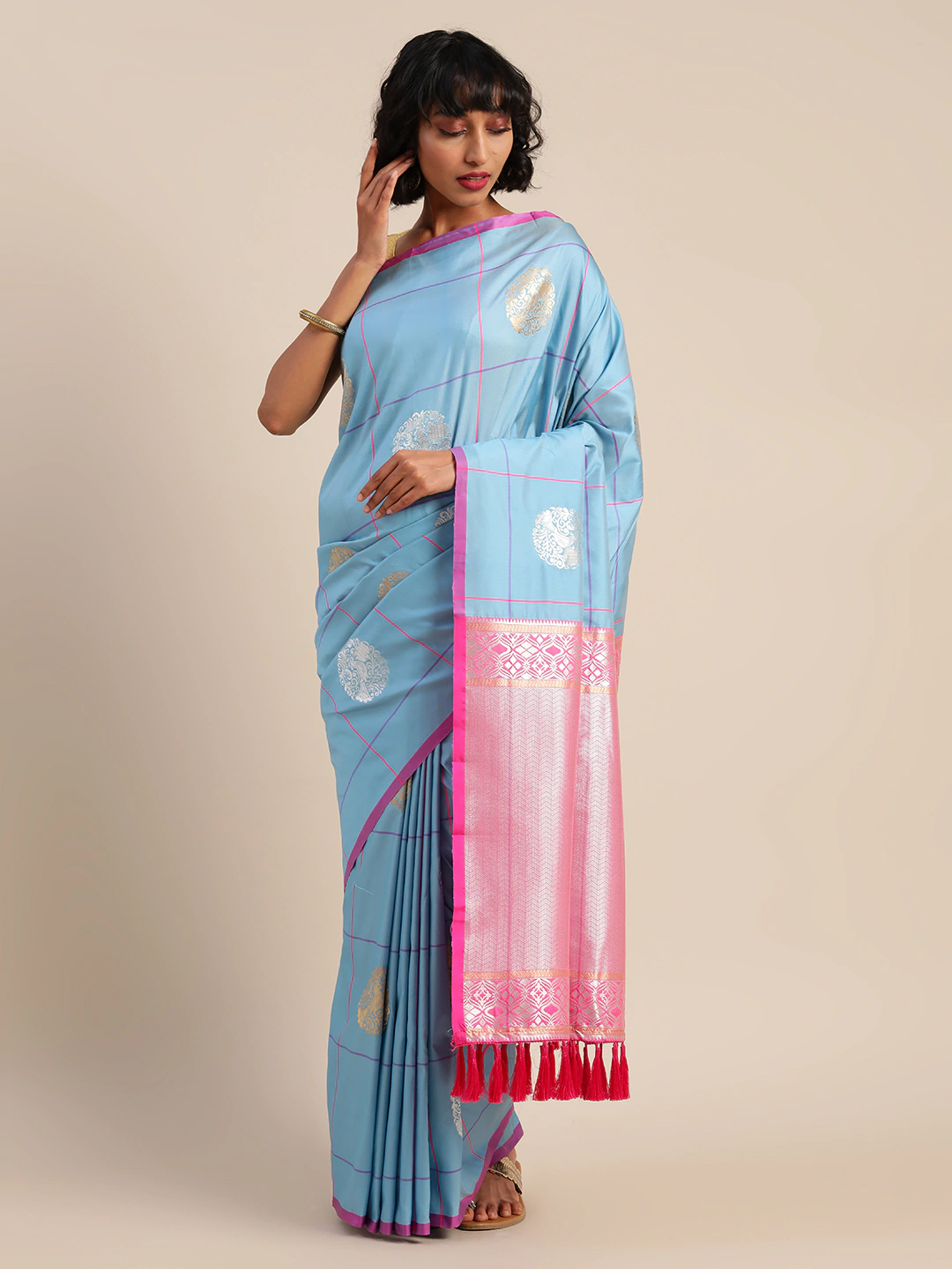  Digital Sky Blue Silk Blend Checked Banarasi Saree