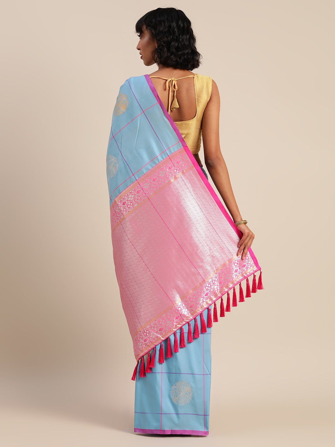  Digital Sky Blue Silk Blend Checked Banarasi Saree