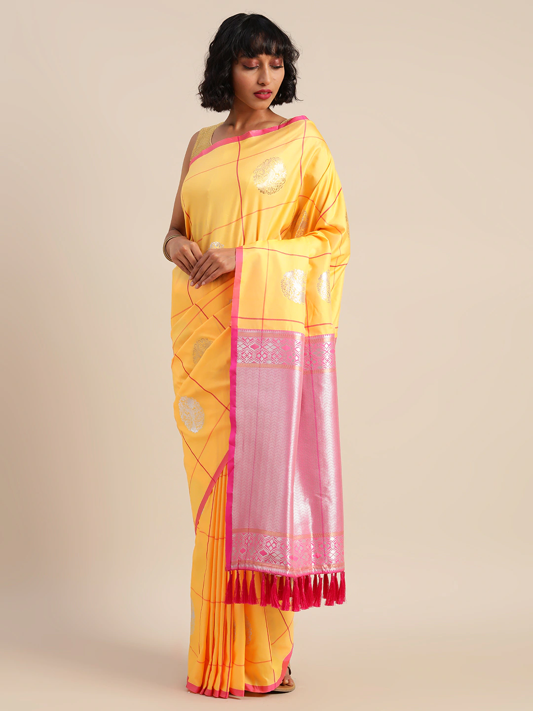 Digital Mustard Colour Silk Blend Checked Banarasi Saree 