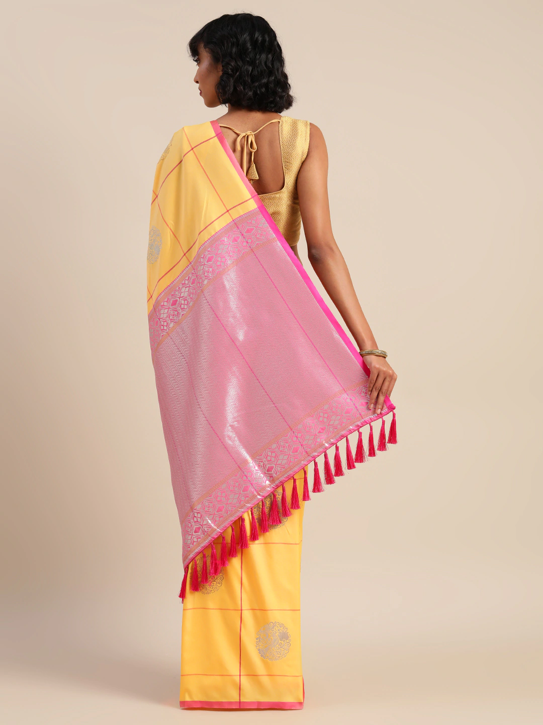 Digital Mustard Colour Silk Blend Checked Banarasi Saree 