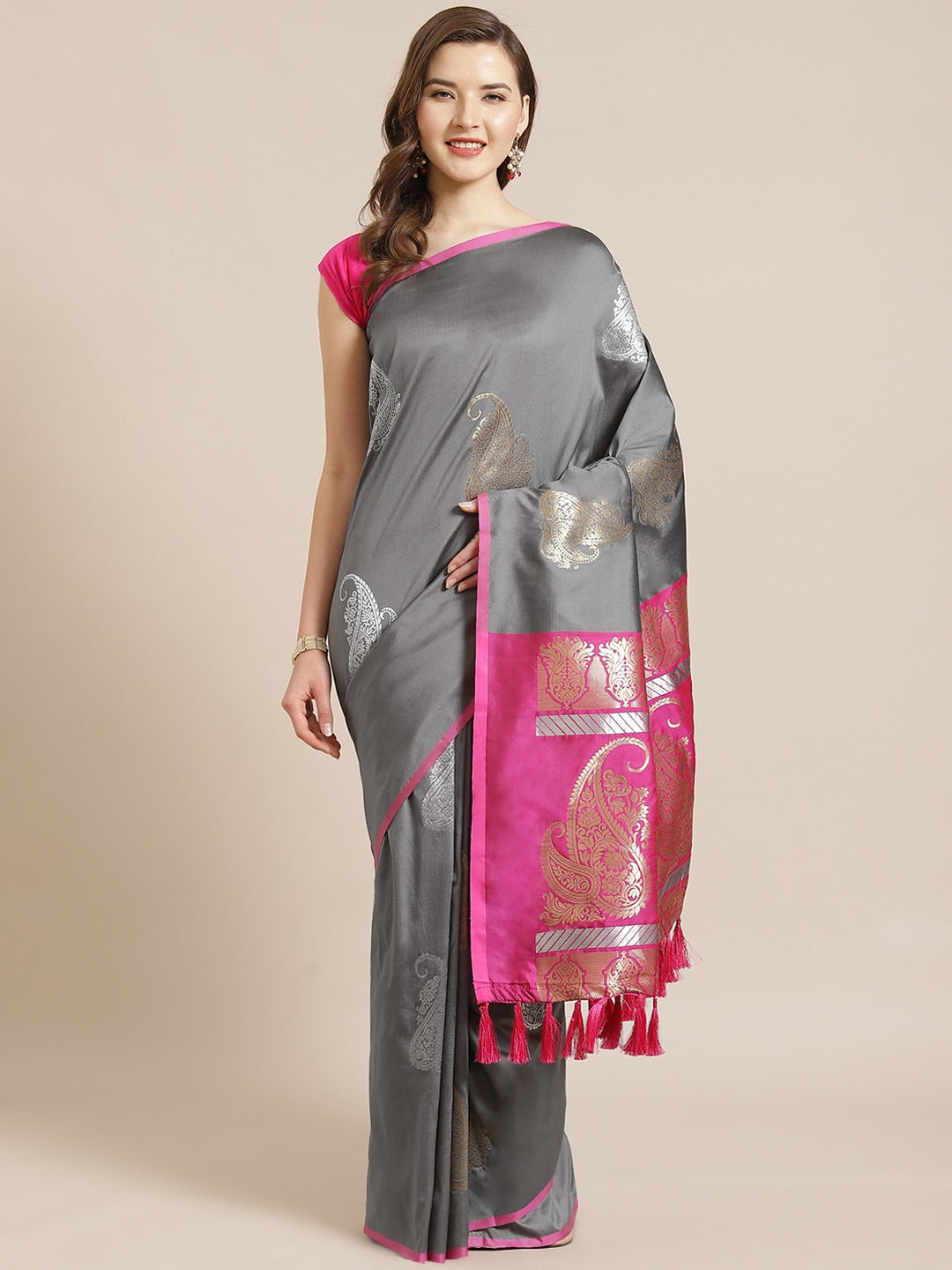 Stylish Banarasi Grey Colour Zari Woven Saree 