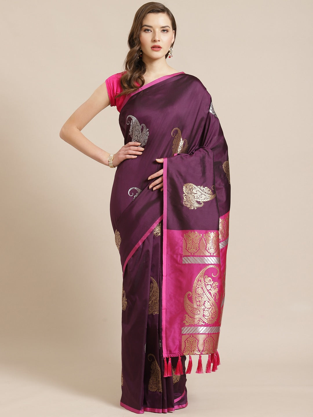 Stylish Banarasi Wine Colour Zari Woven Design Saree 