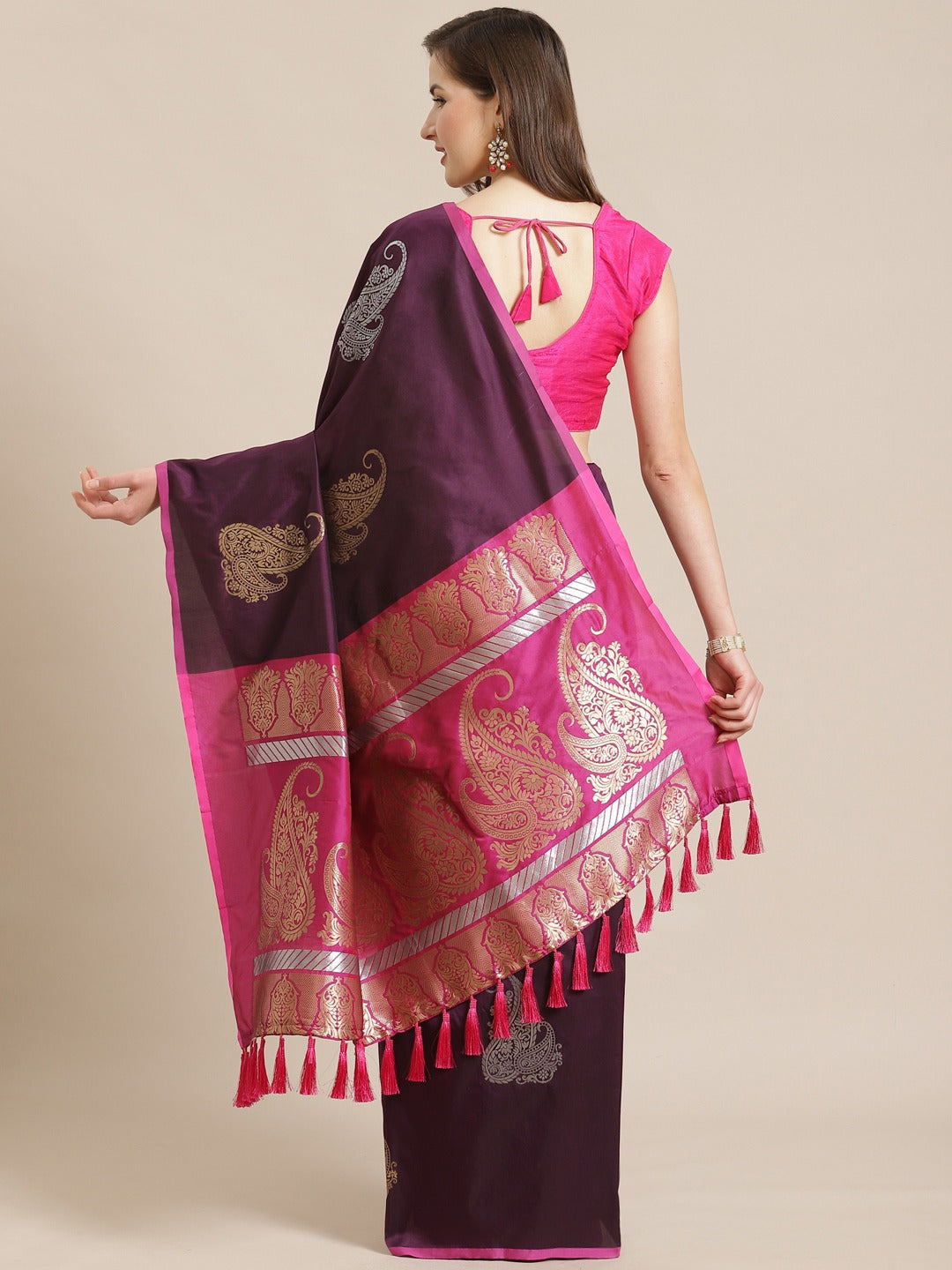 Stylish Banarasi Wine Colour Zari Woven Design Saree 