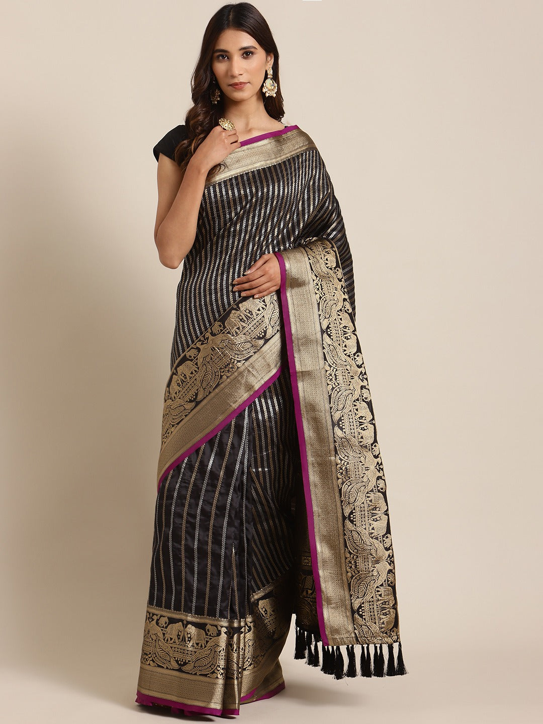 Banarasi Striped Black Colour Silk Blend Saree