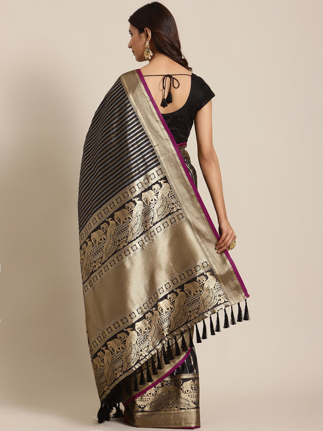 Banarasi Striped Black Colour Silk Blend Saree