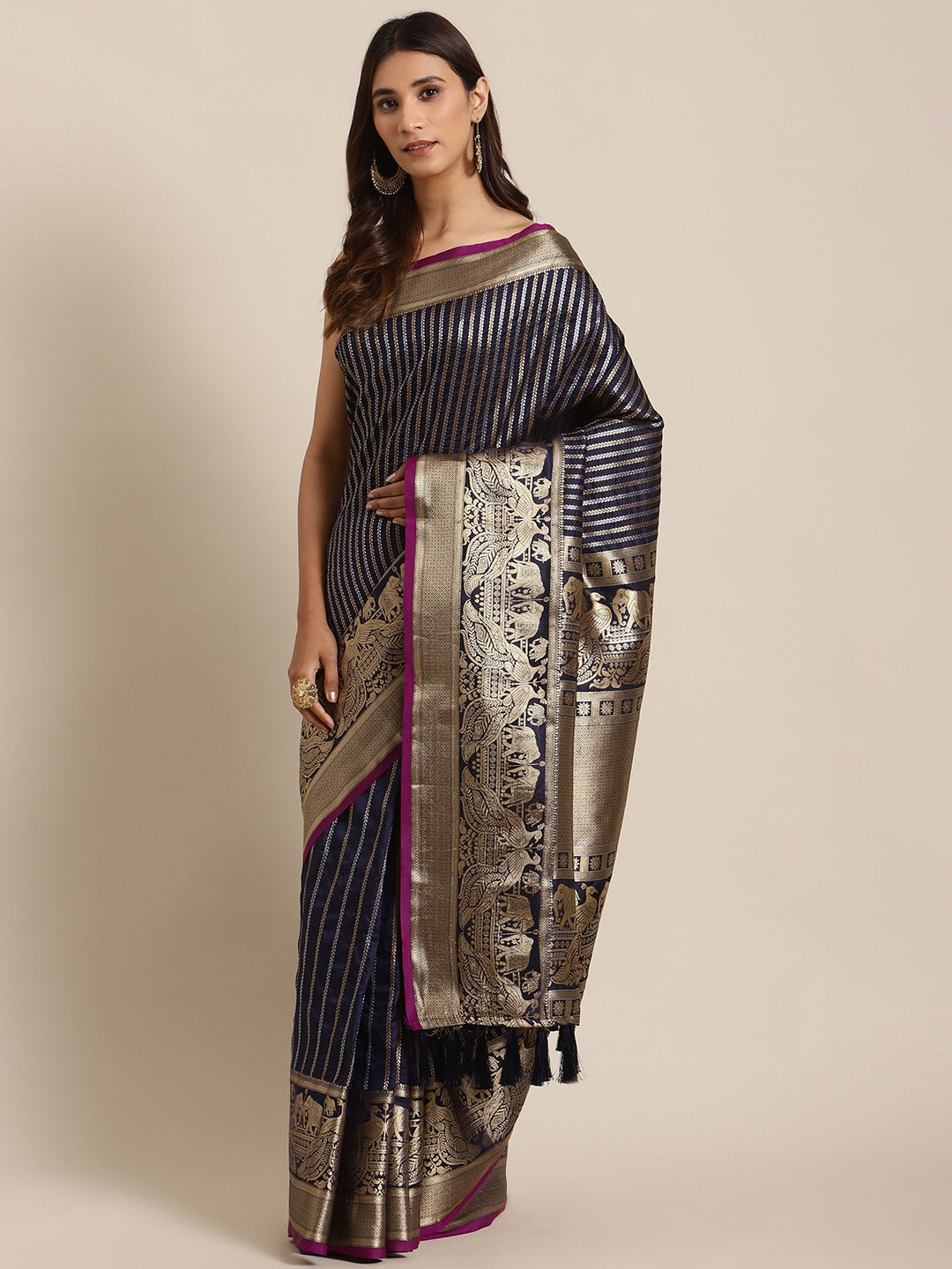 Stylish Banarasi Striped Navy Colour Silk Blend Saree