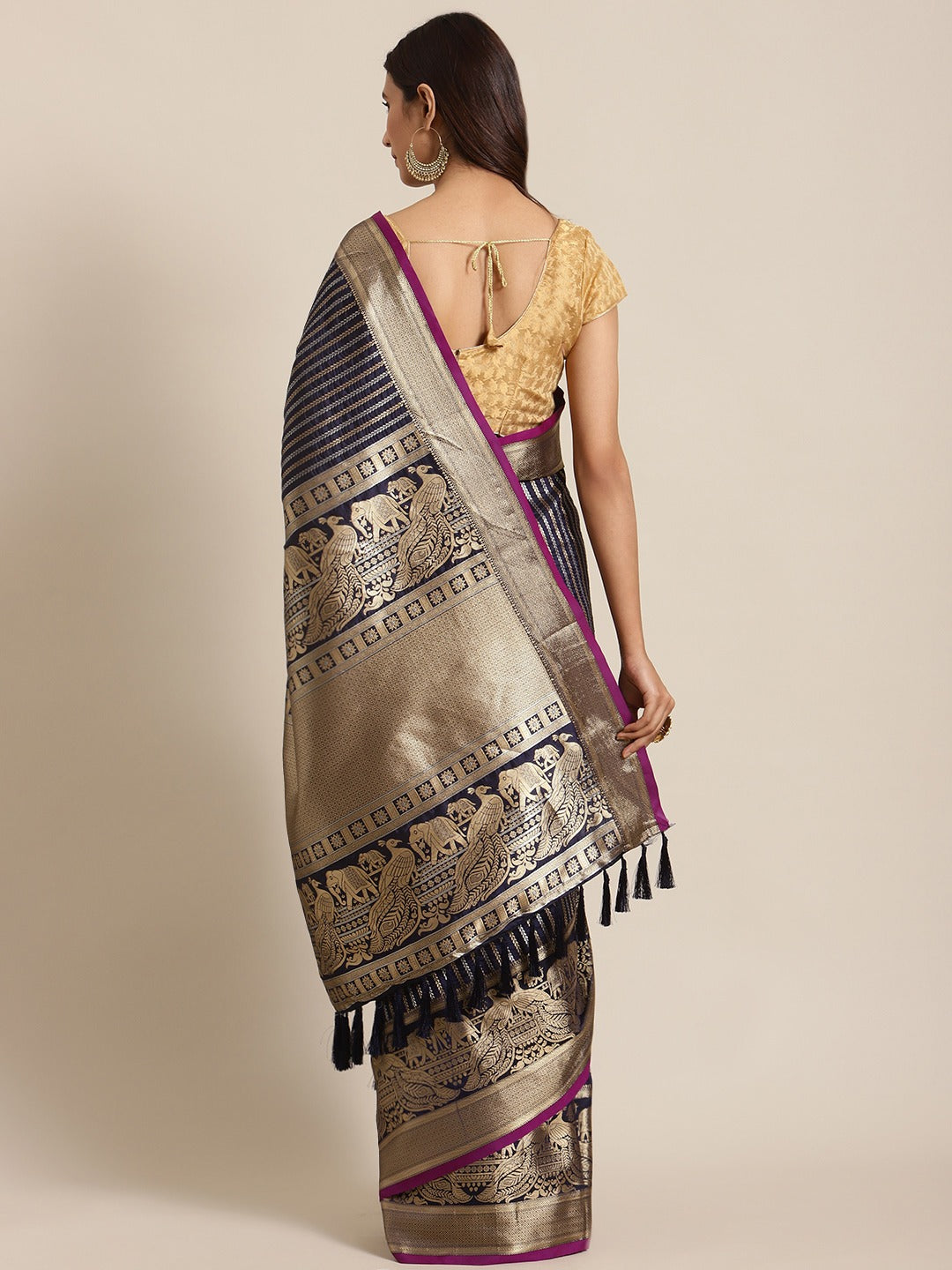 Stylish Banarasi Striped Navy Colour Silk Blend Saree