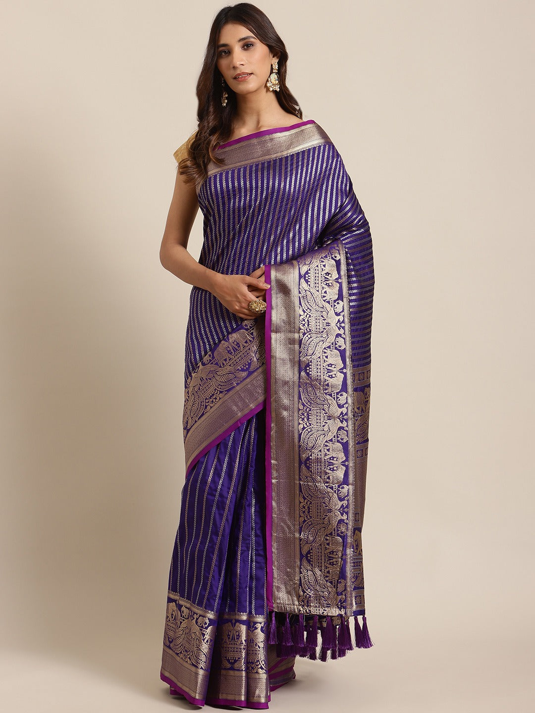 Banarasi Striped Purple Silk Blend Saree