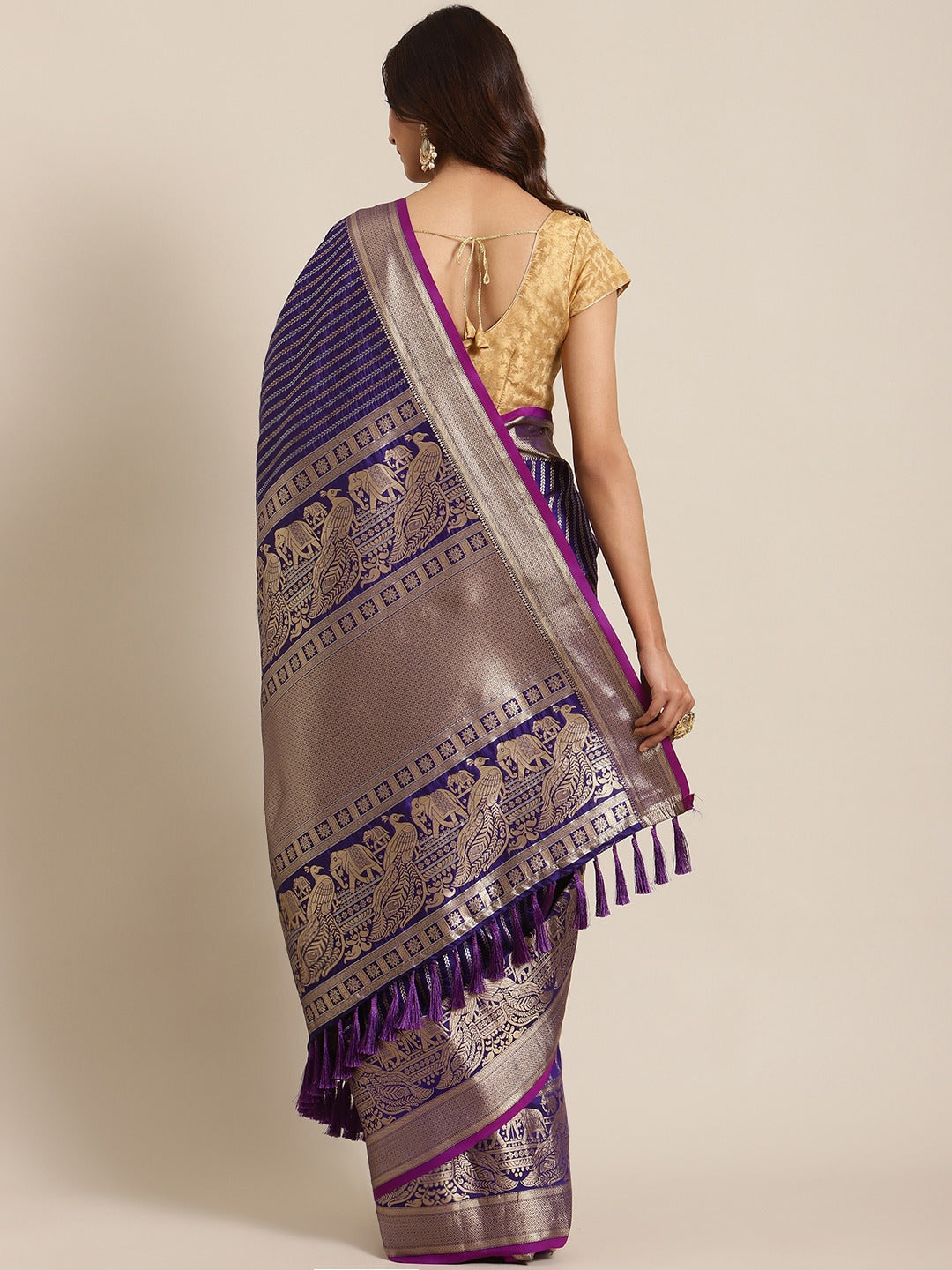 Banarasi Striped Purple Silk Blend Saree