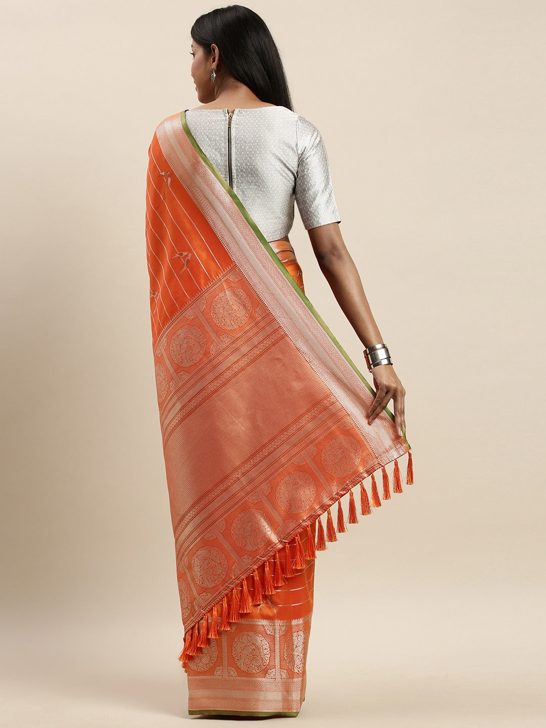 Beautiful Banarasi Striped Orange Colour Silk Blend Saree