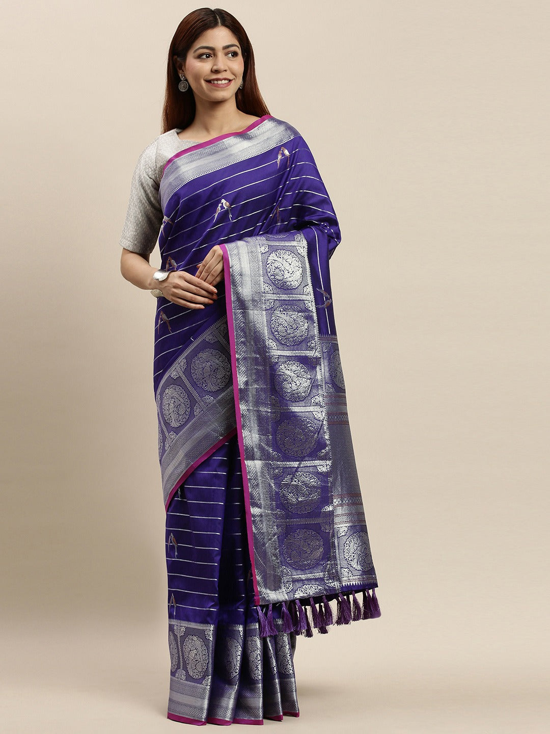 Banarasi Striped Blue Colour Silk Blend Saree