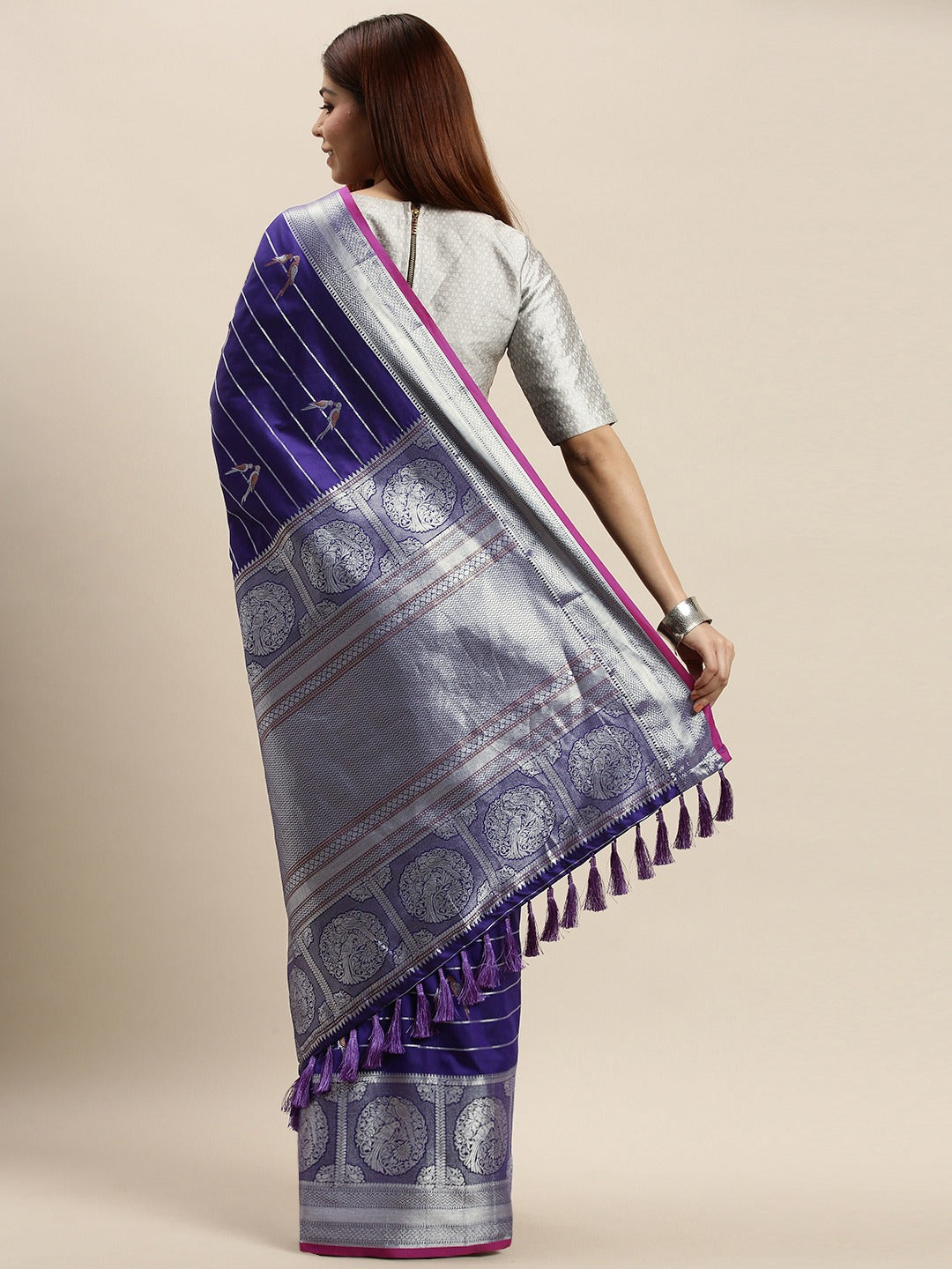 Banarasi Striped Blue Colour Silk Blend Saree