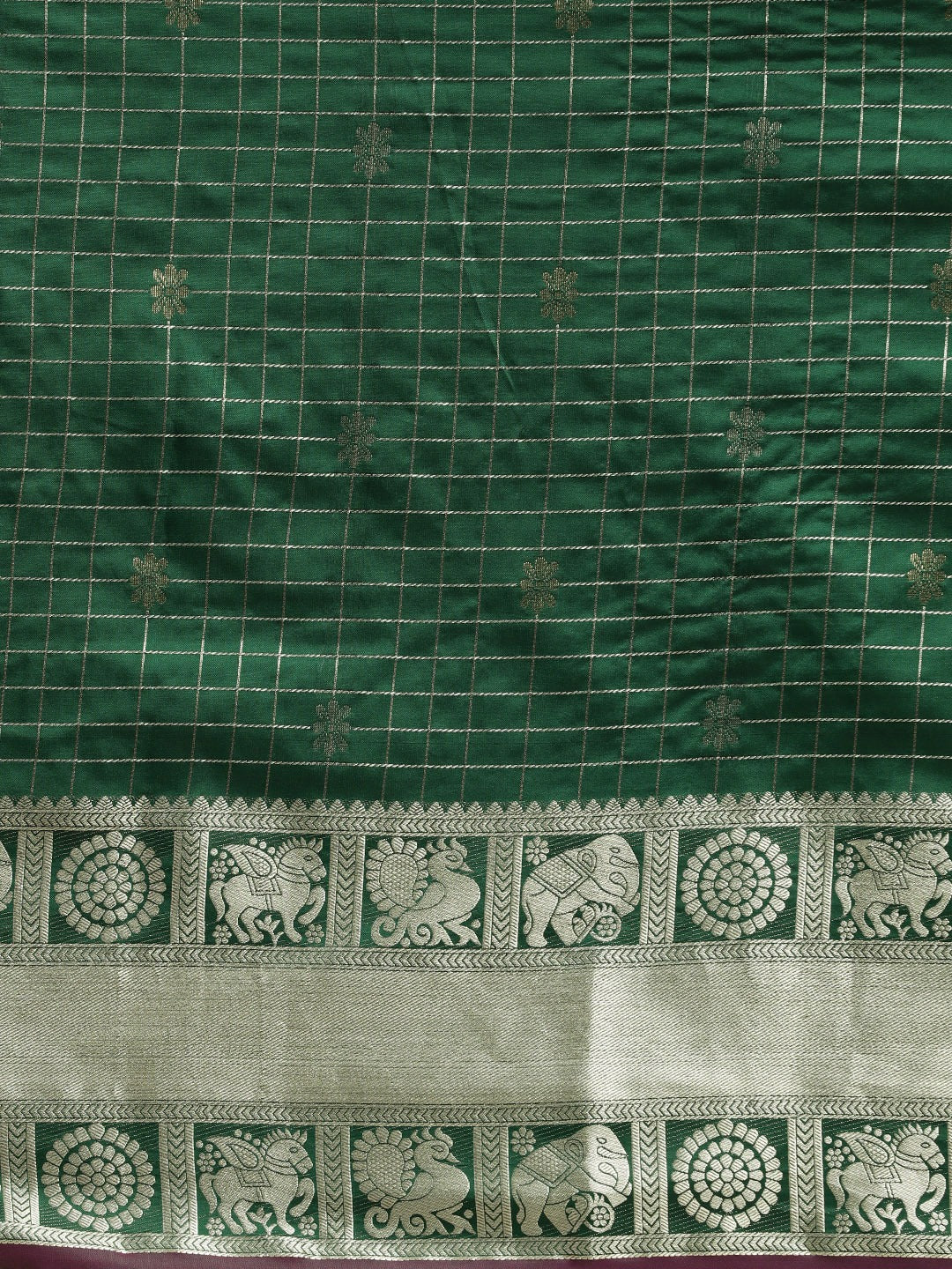  Stylish Bottle Green Colour Checked Banarasi Saree