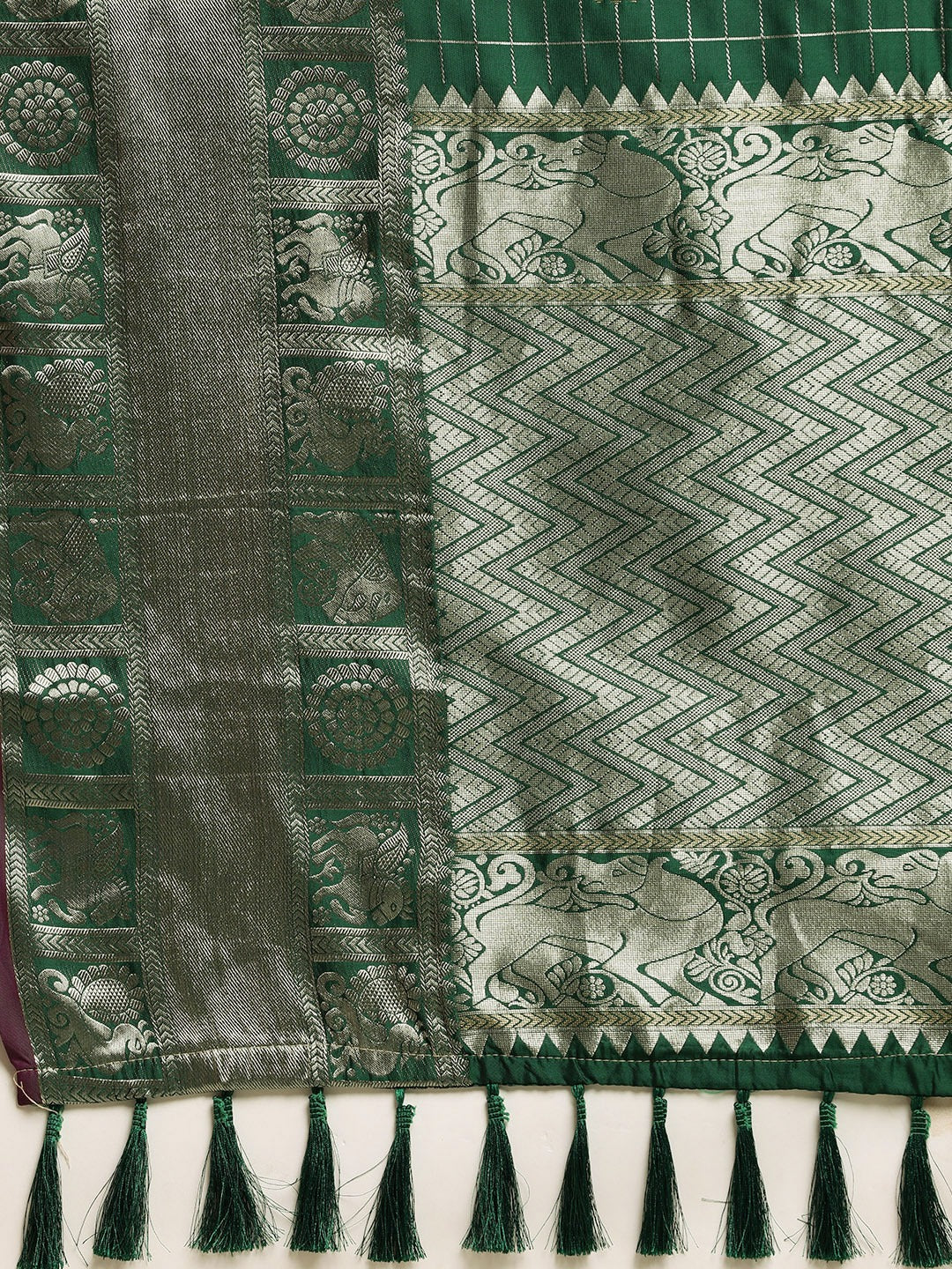  Stylish Bottle Green Colour Checked Banarasi Saree