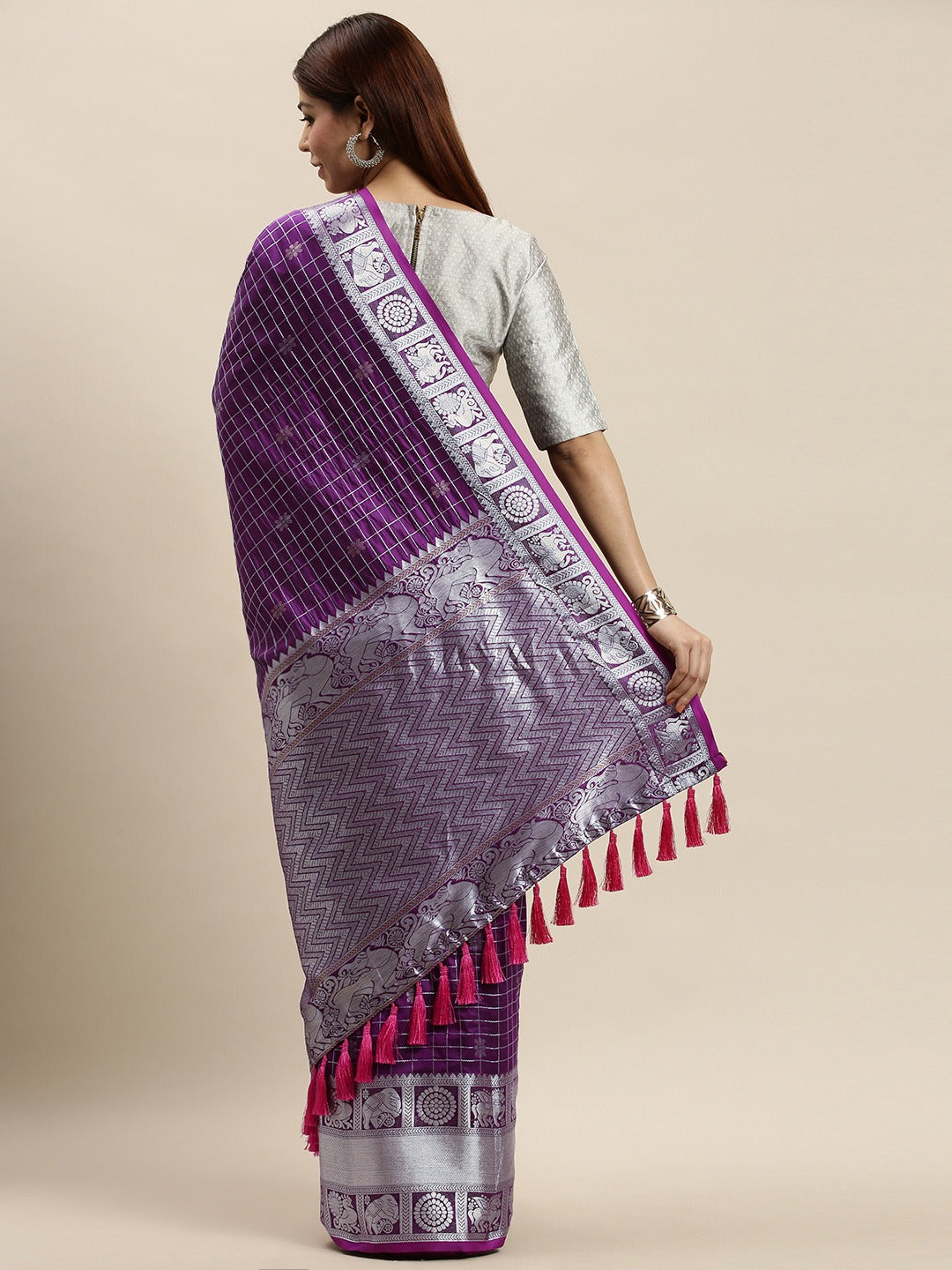  Exclusive Purple Colour Checked Banarasi Saree