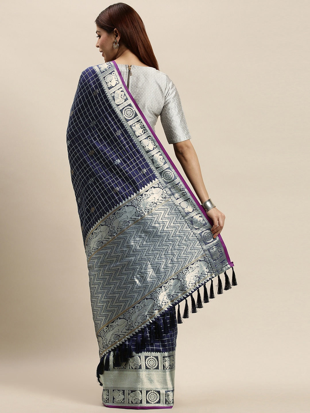 Stylish Navy Colour Checked Banarasi Saree