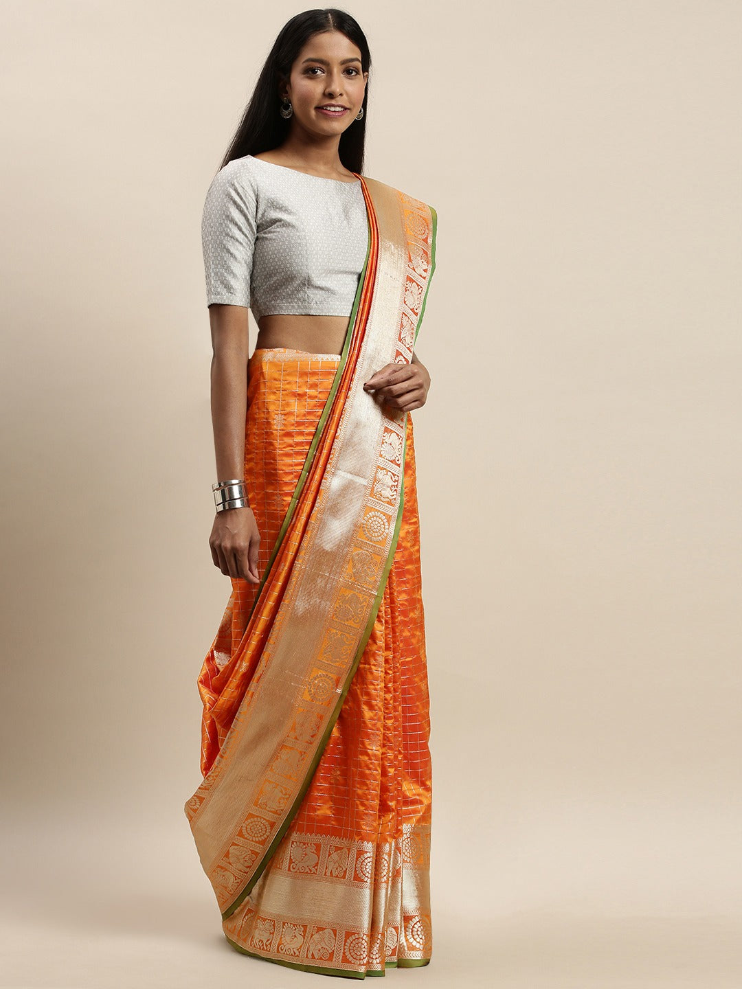  Beautiful Orange Colour Checked Banarasi Saree