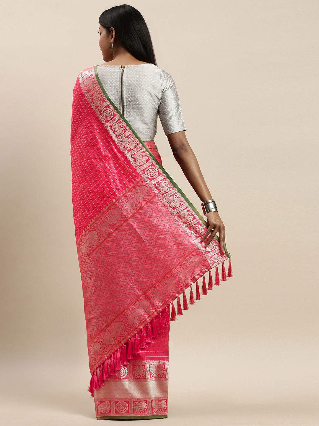 Exclusive Pink Colour Checked Banarasi Saree