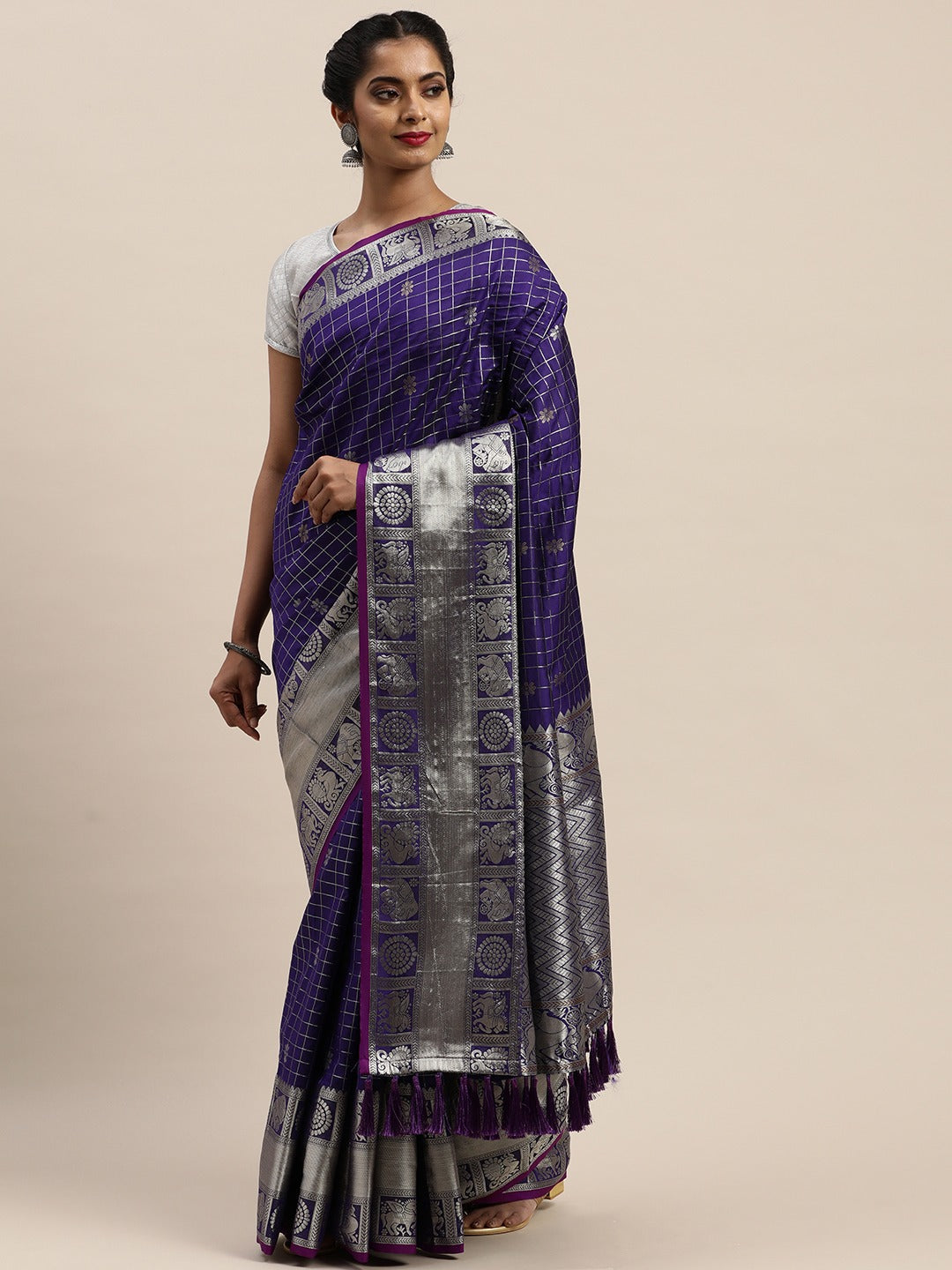 Beautiful Blue Colour Checked Banarasi Saree