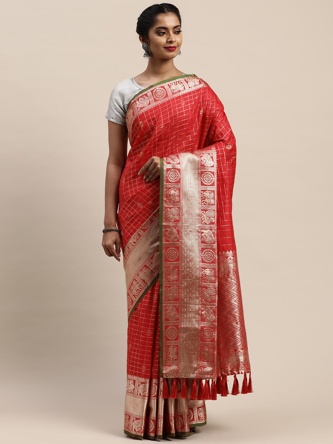 Exclusive Red Colour Checked Banarasi Saree 