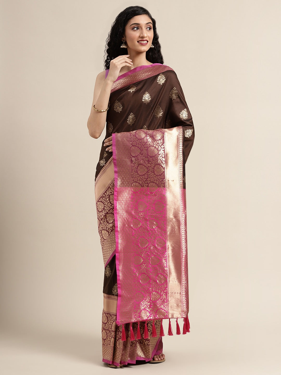 Stylish Brown Banarasi Silk Saree with Ethnic Motifs Print