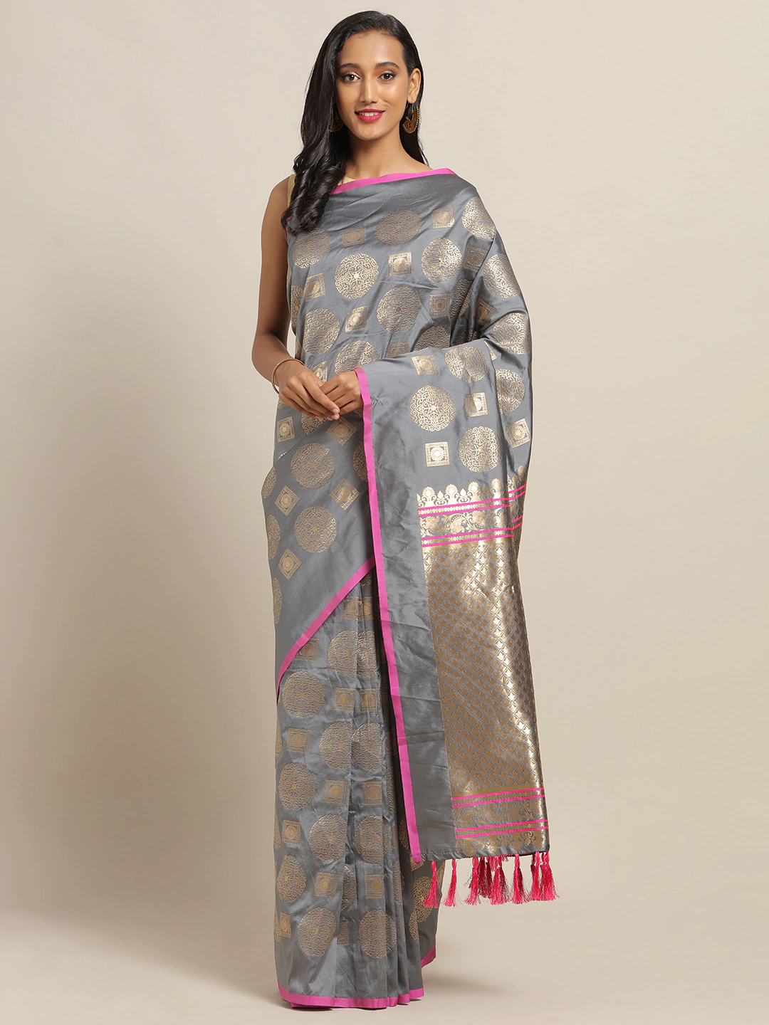 Grey Colour Ethnic Motifs Zari Silk Banarasi Saree