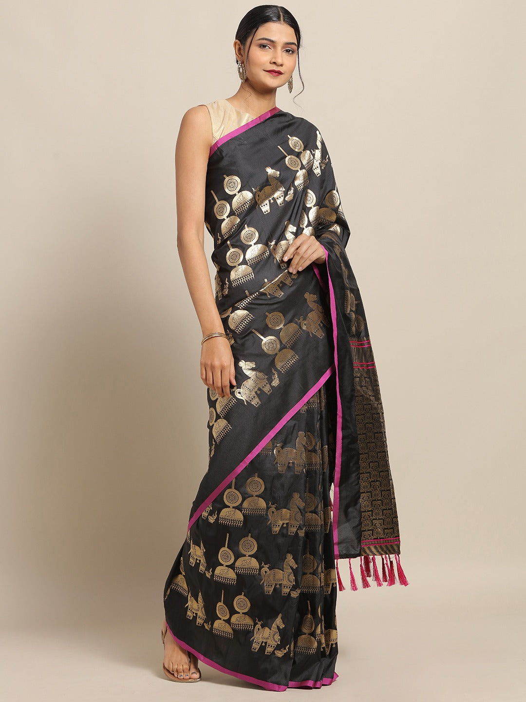  Traditional Black Colour Banarasi Saree With Ethnic Motifs